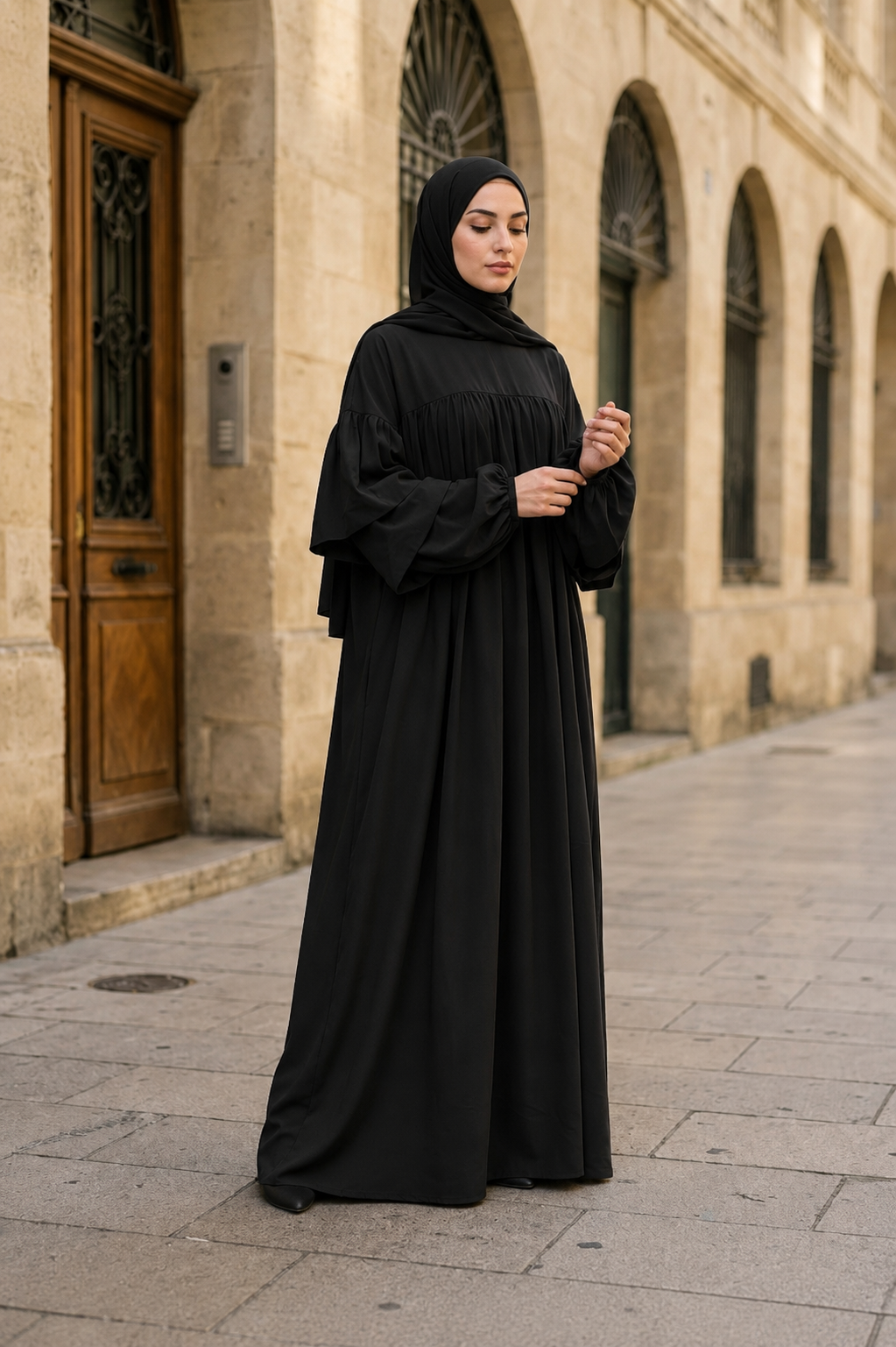 Robe Abaya à manches volantées avec poche - Noir