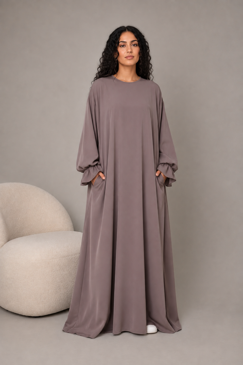 Abaya soie de Médine coupe droite avec poche - Taupe Violacé