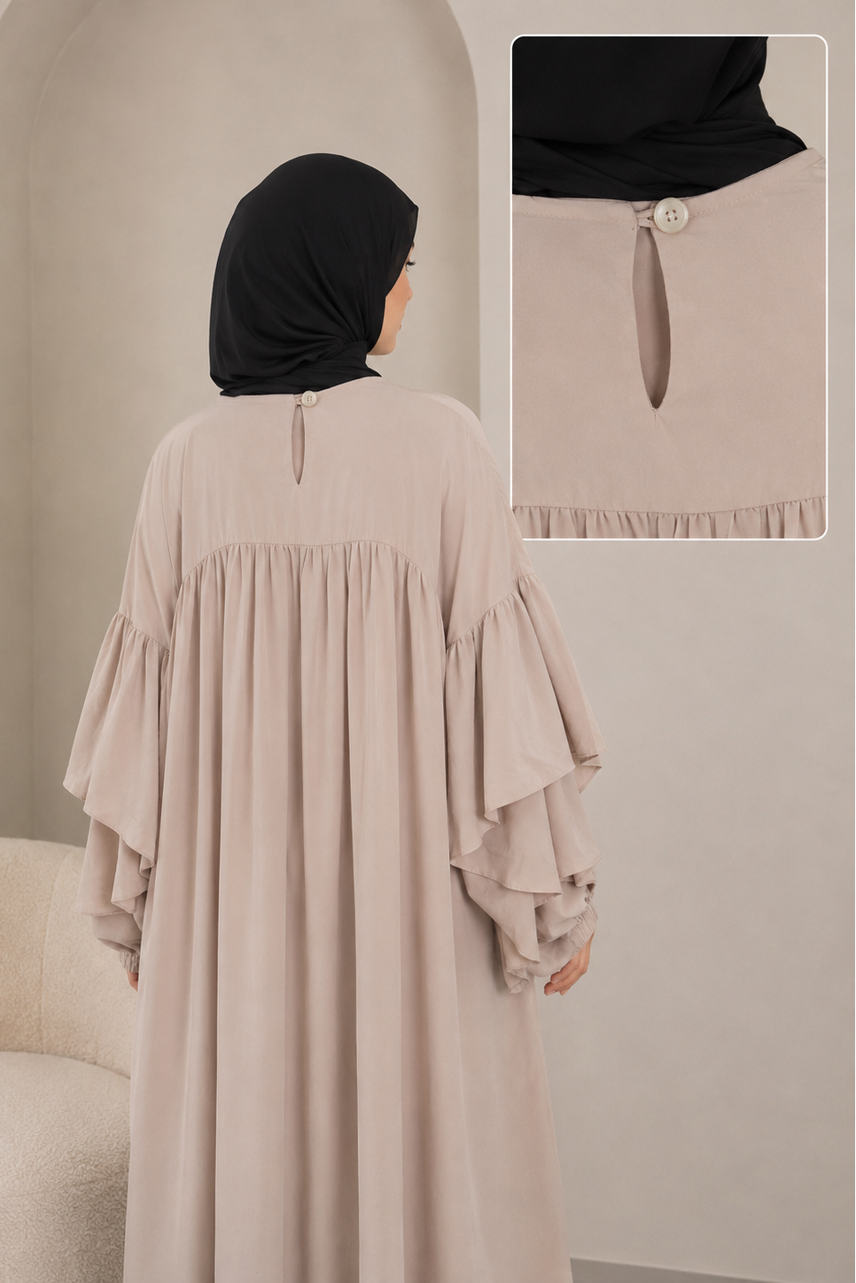 Robe Abaya à manches volantées avec poche - Nude poudré