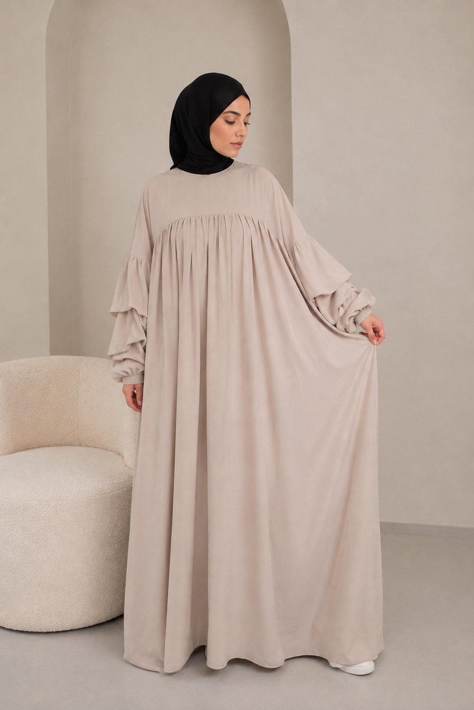 Robe Abaya à manches volantées avec poche - Nude poudré