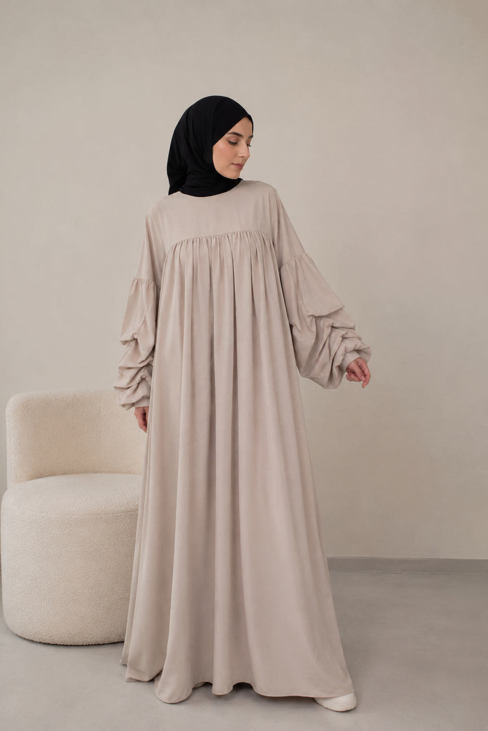 Robe Abaya à manches volantées avec poche - Nude poudré