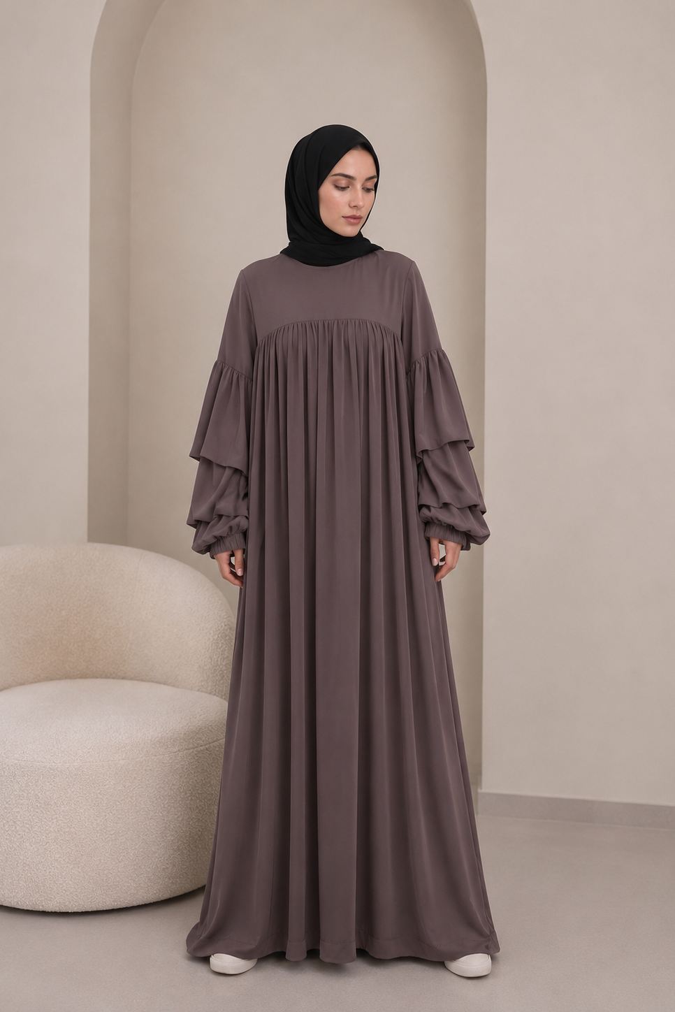 Robe Abaya à manches volantées avec poche - taupe violacé