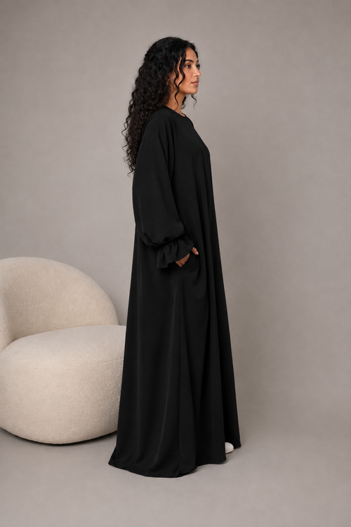 Abaya soie de Médine coupe droite avec poche - Noir