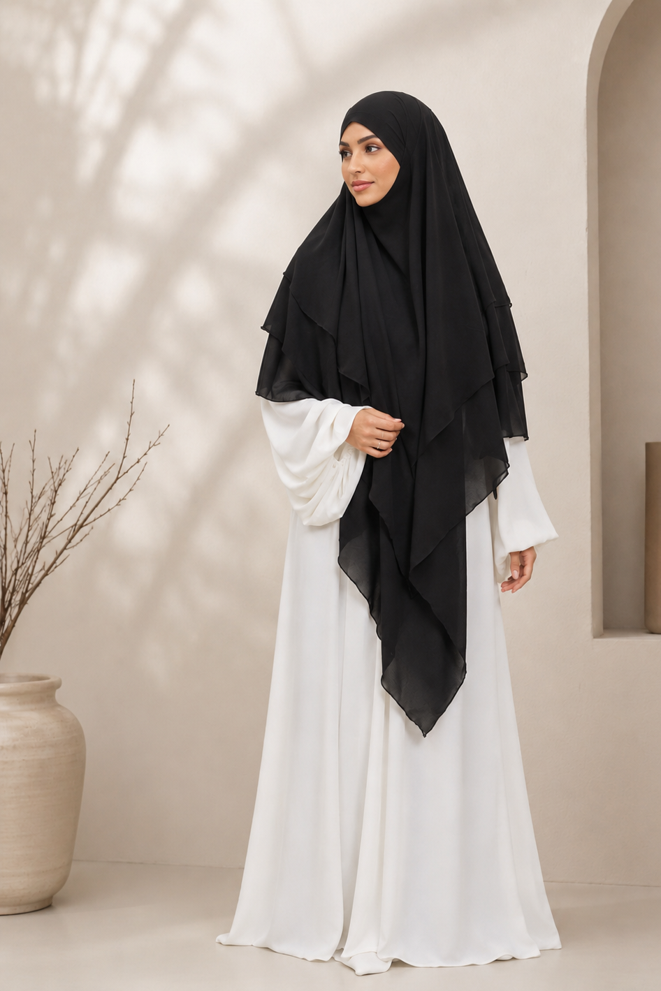 Khimar Mousseline Extra Long  3 Voiles - Noir