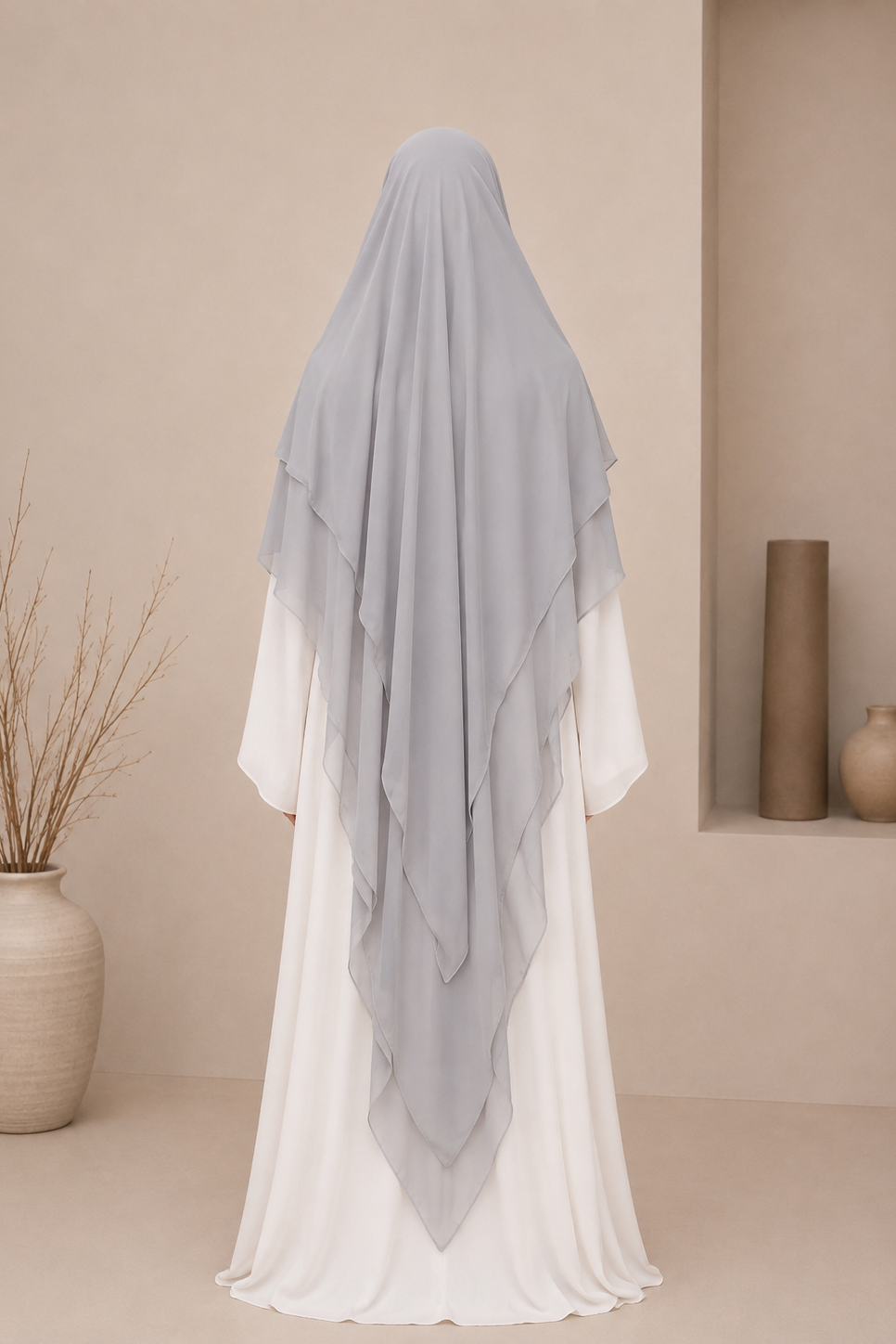 Khimar Mousseline Extra Long  3 Voiles - Gris Perle