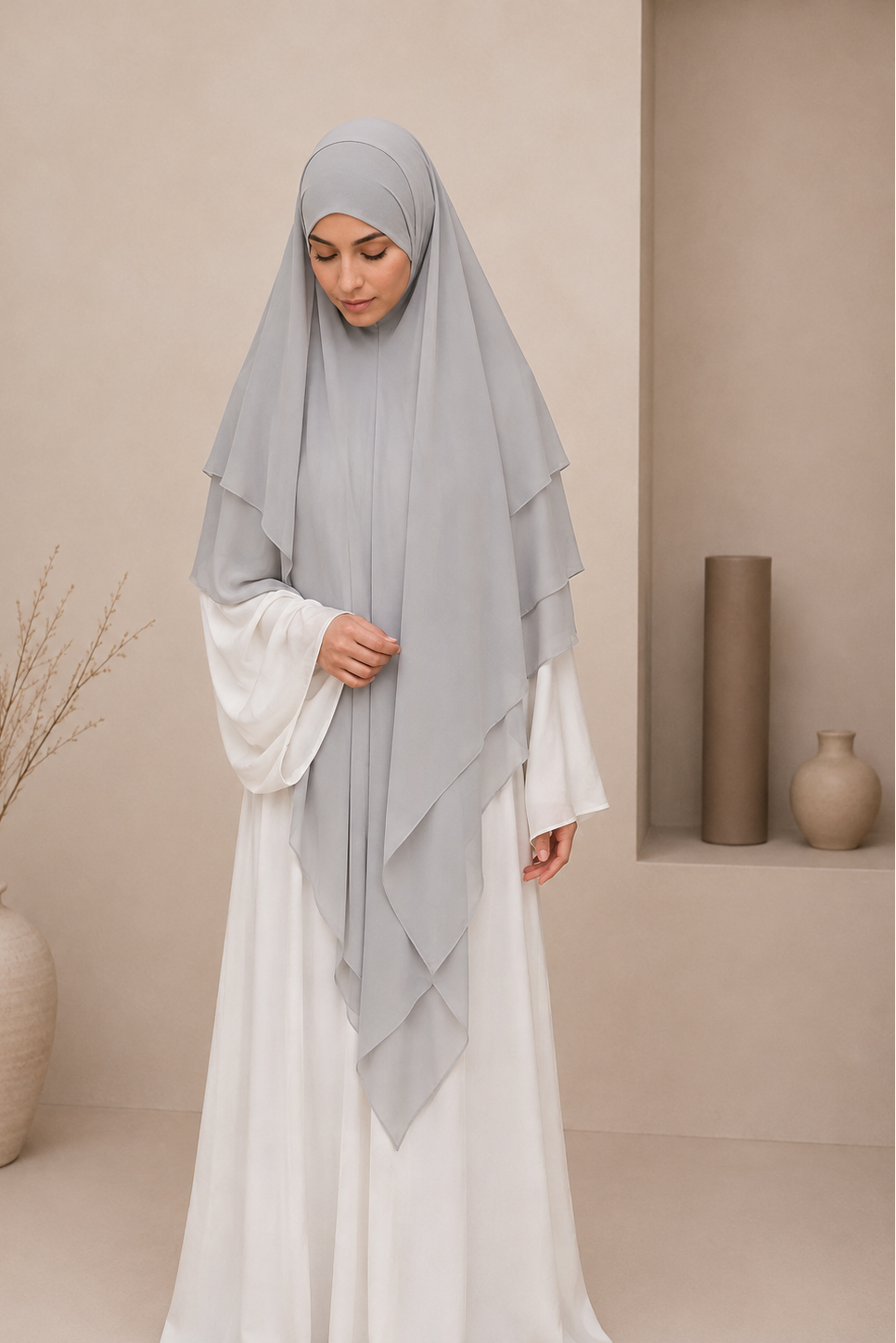 Khimar Mousseline Extra Long  3 Voiles - Gris Perle