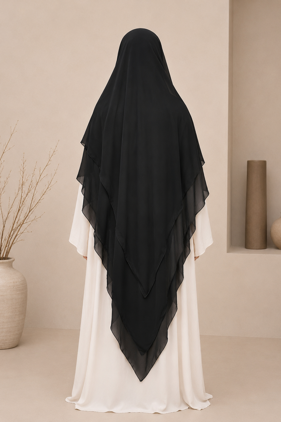 Khimar Mousseline Extra Long  3 Voiles - Noir
