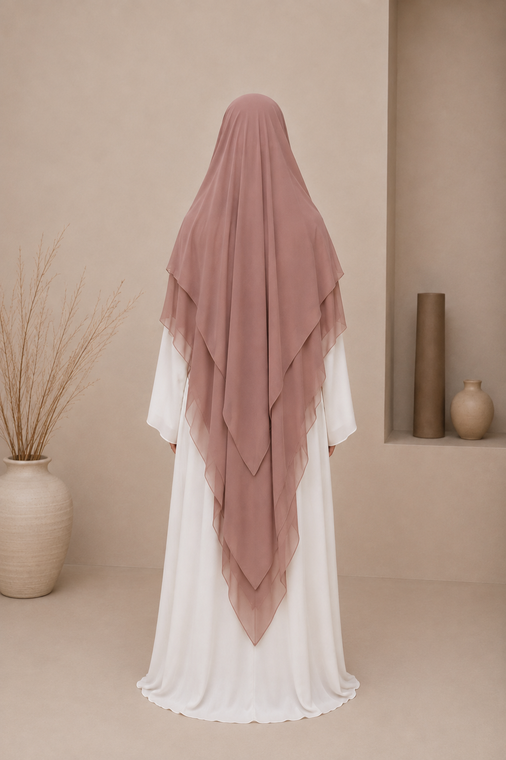 Khimar Mousseline Extra Long  3 Voiles - Vieux rose