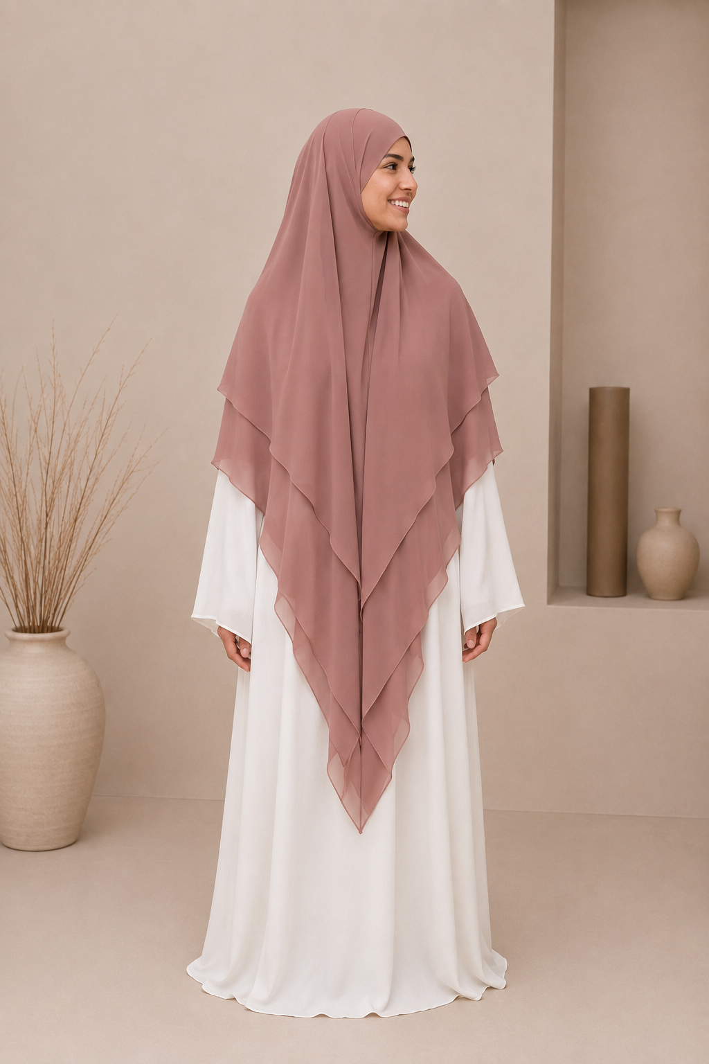 Khimar Mousseline Extra Long  3 Voiles - Vieux rose