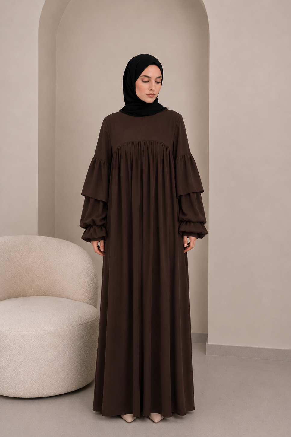 Robe Abaya à manches volantées avec poche - Marron Chocolat