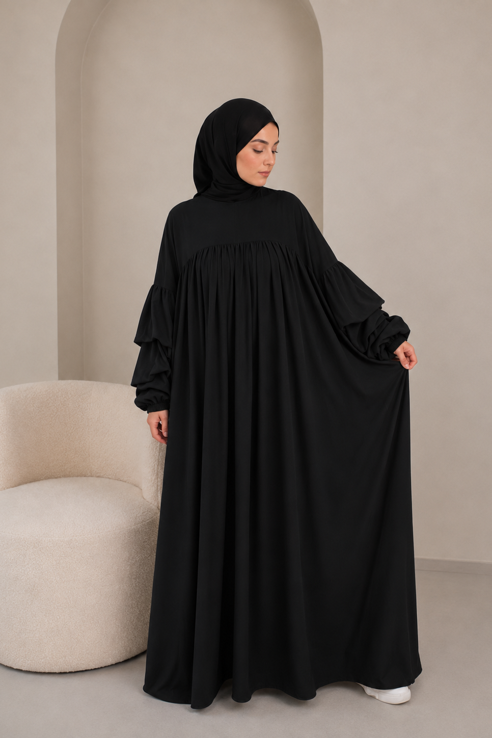 Robe Abaya à manches volantées avec poche - Noir